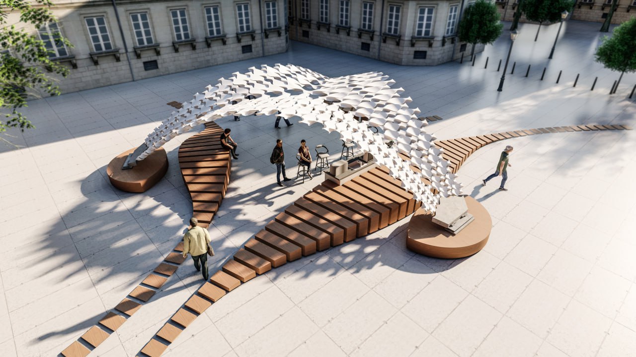 Aerial render of the folded bending-active research pavilion